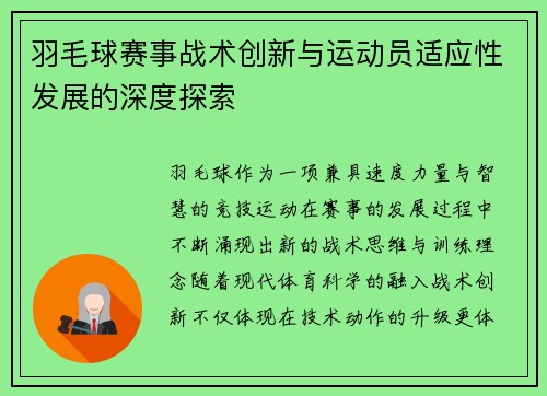 羽毛球赛事战术创新与运动员适应性发展的深度探索